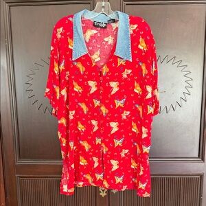 TEMPTATIONS Vintage Red and Denim Butterfly Shirt Size 22/42
